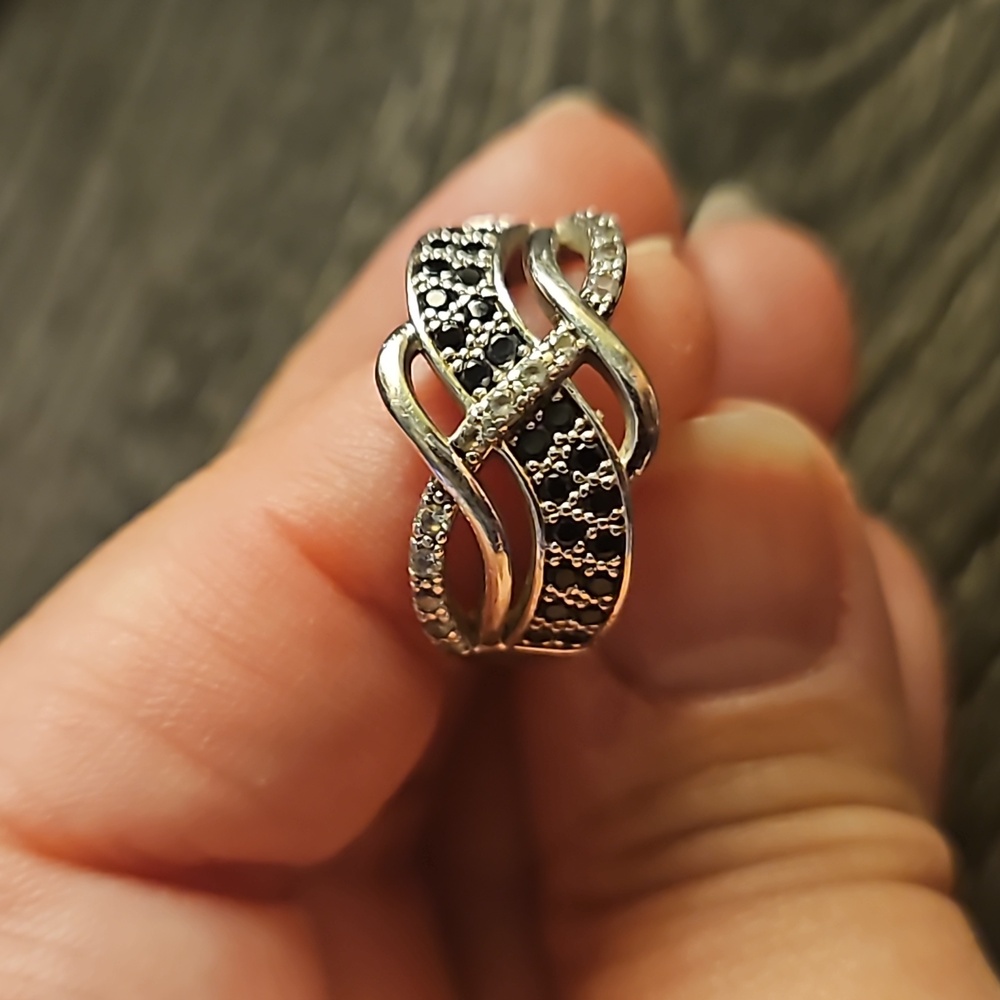 Sterling silver ring with black stones and cz diamonds